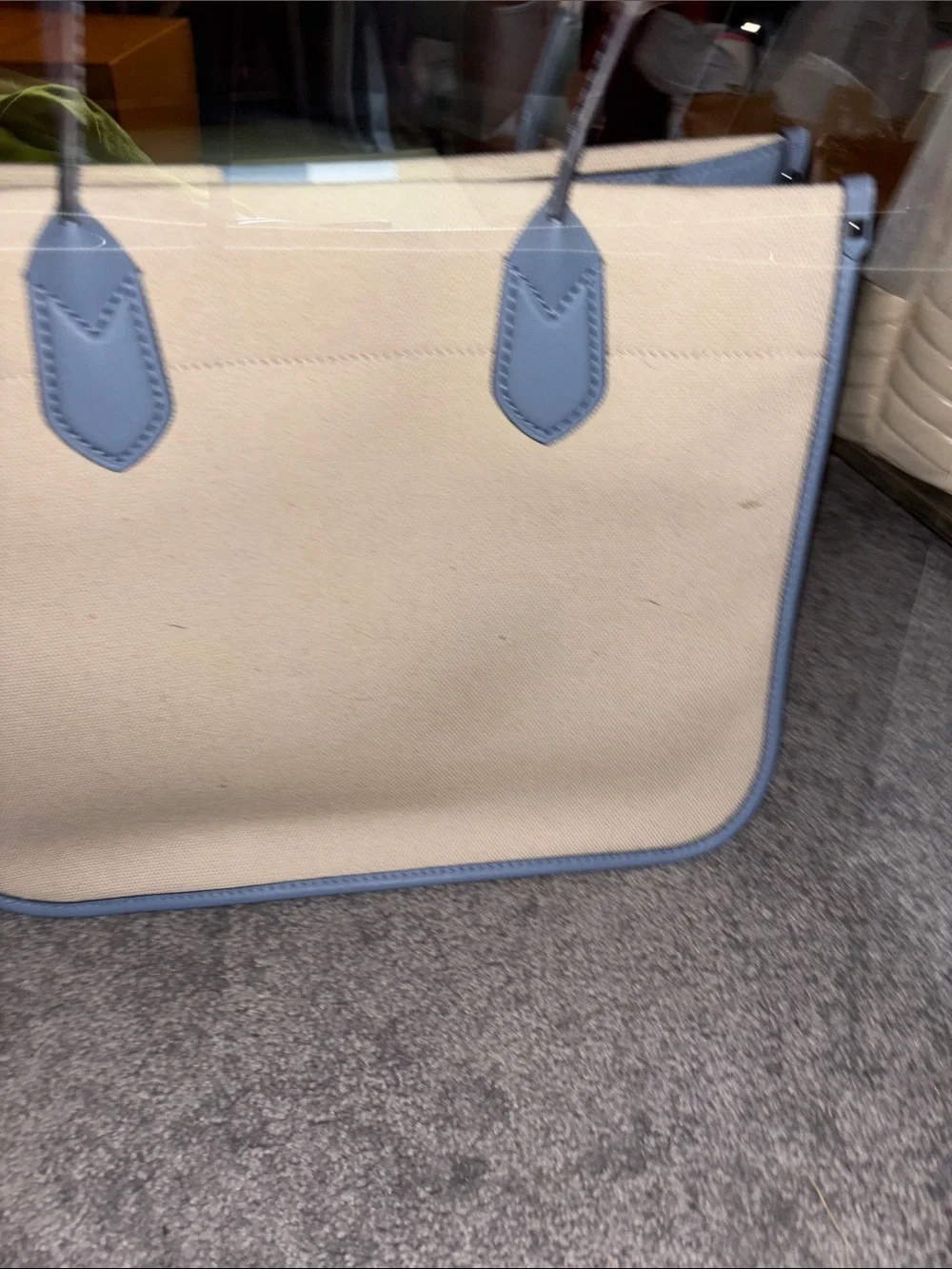 Michael Kors Beige Canvas Messenger Bag with Blue Stripes